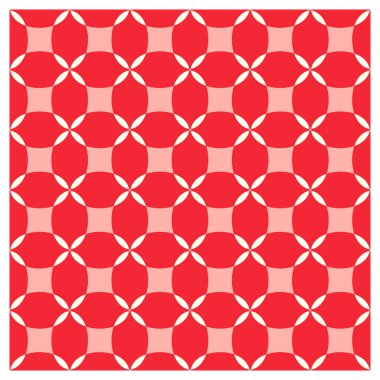 Geometrik izsiz şekil, kırmızı ve beyaz geometrik desen, üst üste binen daireler, çiçek benzeri bir tasarım oluşturarak modern ve stil dolu bir estetik sunuyor..