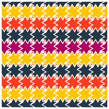 Çok renkli yıldızların parlak bir arkaplan boyunca dağıldığı kare geometrik baskı deseni, koyu arkaplan üzerinde çok renkli yıldızların geometrik deseni.