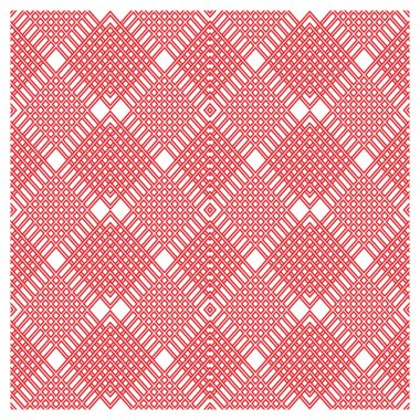 Çapraz çizgiler ve karelerle kırmızı ve beyaz geometrik desen büyüleyici bir desen oluşturan iç içe geçmiş şekiller serisi sergiliyor..