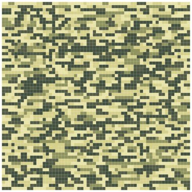 Yeşil ve bej tonlarında dijitalsiz pikselsiz kamuflaj deseni, yeşil ve kahverengi renklerin bir karışımını gösteren kare desenli askeri kamuflaj arka planı..