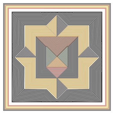 Üstüste binen çizgili çizgilerle soyut geometrik eşarp deseni bir zigzag etkisi yaratıyor, iç içe geçmiş çizgiler ve kareler içeren geometrik desen, görsel olarak çarpıcı bir tasarım yaratıyor..