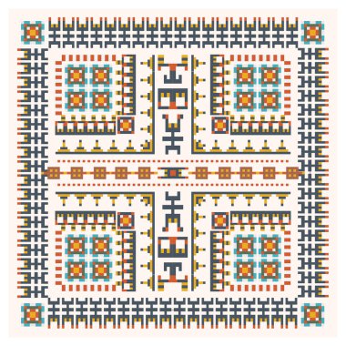 Simetrik dizaynlı renkli eşarp pikselli kabile deseni, karmaşık tasarımlar ve canlı renkler içeren kare etnik çapraz dikiş deseni, geleneksel zanaatkarlık sergiliyor..