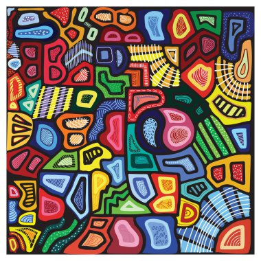 Mavi, sarı ve kırmızı çerçevelerle sınırlandırılmış çeşitli şekil ve çizgilere sahip soyut renksiz desenler, koyu renklere sahip, gösterişli kare bir çerçeveyle çevrelenmiş, sanatsal ifadeler sergiliyor.