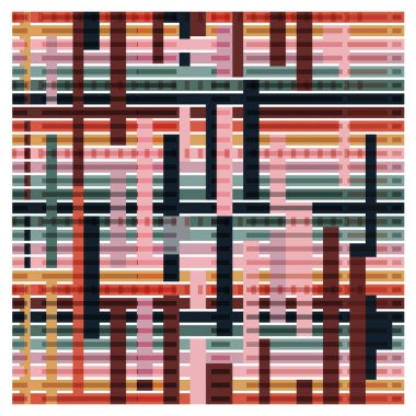 Çizgili bir kenar çerçevesinde çeşitli renklerde soyut, renksiz pikselli desenli eşarp.