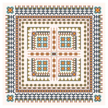 Ayrıntılı motifleri ve zengin renkleri olan, kültürel sanat ve mirası temsil eden renkli pikselli kabile desenli, simetrik tasarımı olan bir etnik kare çapraz dikiş deseni..