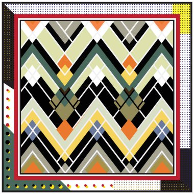 Karmaşık, soyut bir kompozisyon. Kareler ve üçgenlerin karışımı büyüleyici bir görsel ritim yaratıyor..