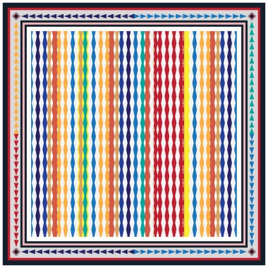 Renkli soyut kare desenli eşarp, dikey elmas ve üçgenlerden oluşan geometrik desenler, parlak renklerde katmanlı çerçevelerle sınırlandırılmış..