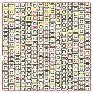 Çeşitli renklerde birbirine bağlı kareler ve dikdörtgenlerden oluşan canlı bir desen, görsel olarak çarpıcı soyut bir tasarım yaratıyor, duvar kağıdı, kumaş tasarımı, atkı, yastık örtüsü, perdeler veya diğer dekoratif öğeler olarak kullanılabilir.