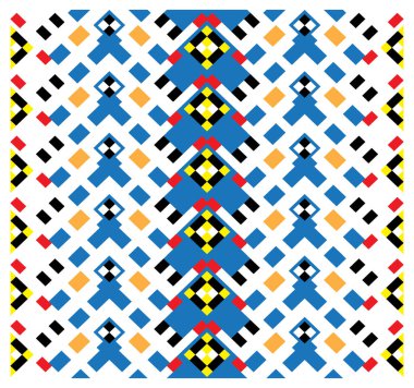 Beyaz bir zemin üzerinde tekrarlayan elmas düzeninde mavi, siyah, sarı, kırmızı ve turuncu şekillere sahip canlı bir geometrik desen duvar kağıdı, kumaş tasarımı, eşarp, yastık kılıfı, perdeler veya diğer dekoratif unsurlar olarak kullanılabilir.