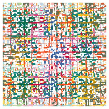 Renkli geometrik şekillerden oluşan canlı, soyut bir mozaik, çeşitli renklerde üst üste binen kısımlarla canlı ve dokulu bir desen yaratıyor. Duvar kağıdı, kumaş tasarımı, atkı, yastık kılıfı, perdeler veya diğer dekoratif elementler olarak kullanılabilir.