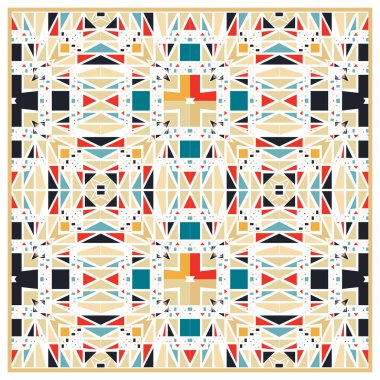 İç içe geçmiş üçgen ve kareleri kırmızı, yeşil, siyah ve bej gibi canlı renklerde gösteren geometrik desen duvar kağıdı, kumaş tasarımı, eşarp, yastık kılıfı, perdeler veya diğer dekoratif elementler olarak kullanılabilir.