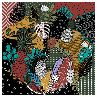 Colorful, abstract print jungle scarf scene featuring a monkey, tropical plants, and intricate patterns in green, red, and black, texture as polka dots, stripes, and zigzag, adds depth and complexity.  