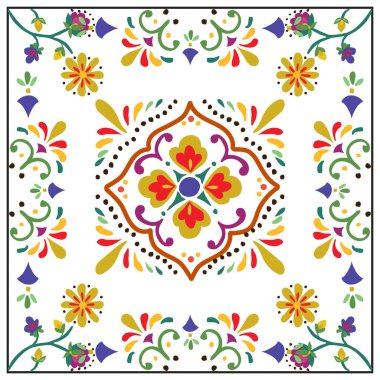 A vibrant, square repeat print, symmetrical design featuring colorful floral patterns and ornate swirls on a white background, framed by a bordered edge, it could be used as a wallpaper, fabric design, pillow cover, curtains or other elements.