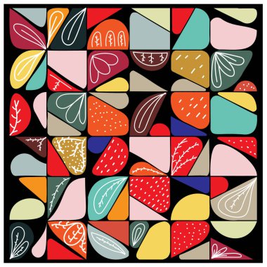 A colorful abstract collage featuring geometric shapes and leaf motifs, set against a black background, it could be used as a wallpaper, fabric design, pillow cover, curtains or other decorative elements.