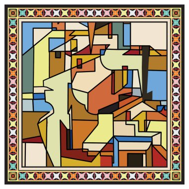 Abstract geometric artwork featuring a mix of warm and cool colors with bold black outlines, bordered by a patterned frame.