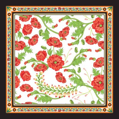 A decorative floral scarf pattern featuring red blossoms and green foliage, framed by a decorative border on a white background.
