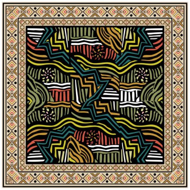 Colorful abstract pattern featuring wavy lines, stripes, and circular motifs in warm hues of red, orange, yellow, brown, and cream.