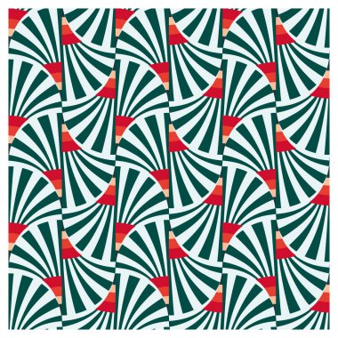 A repeating pattern of green and red swirling shapes resembling stylized fans on a light background, creating a vibrant geometric design, it could be used as a wallpaper, fabric design, pillow cover, curtains or other decorative elements.