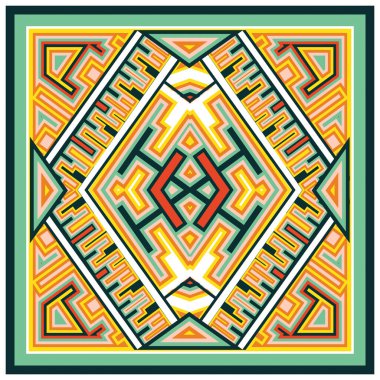Colorful geometric pattern featuring intricate lines and shapes in orange, green, and yellow, forming a diamond like design, The bold colors and geometric shapes give the a modern and stylish feel.
