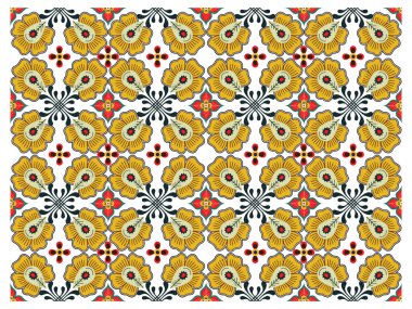 Colorful floral pattern featuring yellow flowers with black outline and red accents on a white background, It could be used as a wallpaper, fabric design, or other decorative elements.