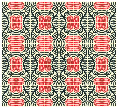 Intricate flower symmetrical pattern featuring bold red, green, and black organic shapes and leaves on a white background repeat print design  