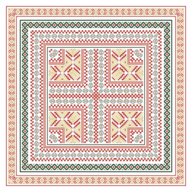 Colorful patterned textile featuring geometric designs in red, green, and cream, bordered by intricate motifs.  