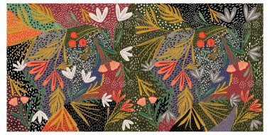 Colorful  abstract illustration with a dense pattern of stylized botanical elements and dotted textures on multicolor patches, The hand drawn style and colors  give the pattern a luxury stylish feel.