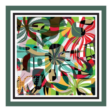 Luxury abstract, colorful tropical artwork with overlapping geometric shapes and botanical elements, it could be used as a wallpaper, fabric design, pillow cover, or other decorative elements.