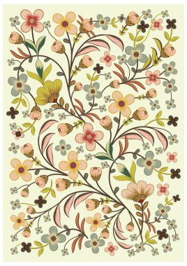 Illustration of a decorative floral pattern with assorted flowers and leaves, featuring various blossoms and leaf in soft pastel hues, intertwined on a white background square shape design