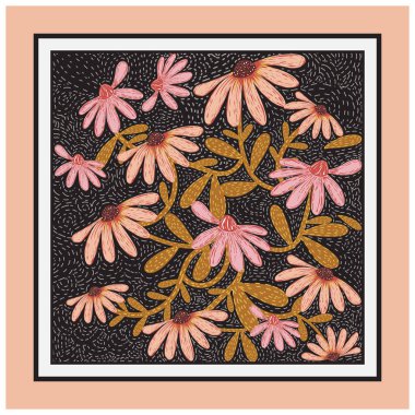  A vibrant floral scarf illustration featuring pink daisies and green leaves on a black background, framed in soft peach and white, the hand drawn design  give the pattern a modern and stylish feel.