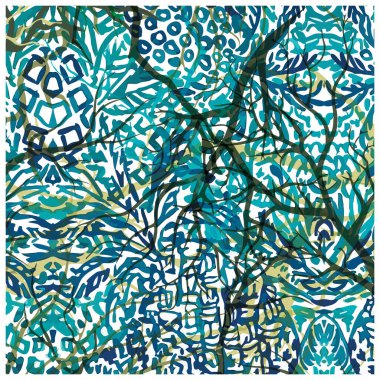 Abstract design intricate patterns of teal, green, and black in a, layered composition reminiscent of tropical foliage, It could be used as a wallpaper, fabric design, or other decorative elements.