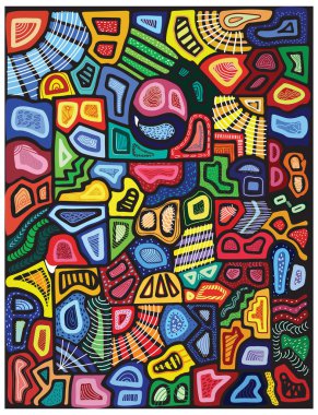 A vibrant abstract design composed of colorful geometric shapes and patterns, blending various textures and forms on a dark background, bold geometric shapes give the pattern a modern and stylish feel