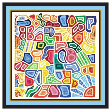 A abstract pattern of colorful shapes and lines, framed in bold contrasting border, evoking a lively artistic energy, the bold colors and geometric shapes give the pattern a modern and stylish feel