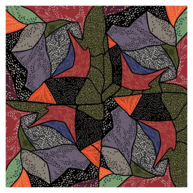  Colorful abstract geometric pattern featuring bold shapes in red, green, purple, and black, with dotted and textured details.