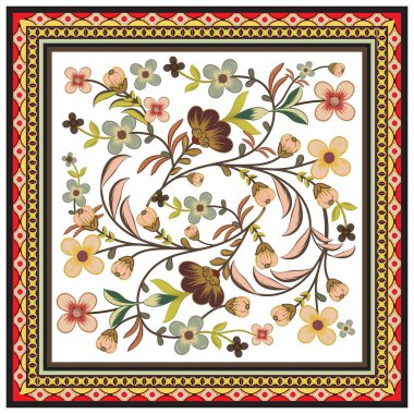 Colorful floral pattern with intertwining vines and flowers, framed by a bold geometric border in red, black, and yellow.