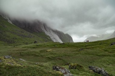 Explore the enchanting Bunes Beach in Lofoten, where hiking amidst lush grasslands reveals a captivating panorama shrouded in fog and dramatic mountains clipart