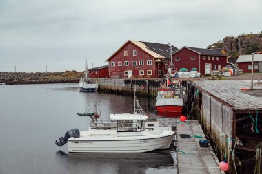 In the picturesque Lofoten Islands, traditional fishing boats are anchored at a cozy harbor, surrounded by charming red cottages and a calm body of water under a cloudy sky. clipart