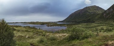 A breathtaking landscape unfolds in Lofoten Islands, showcasing serene lakes surrounded by lush greenery and majestic mountains under a cloudy sky. clipart