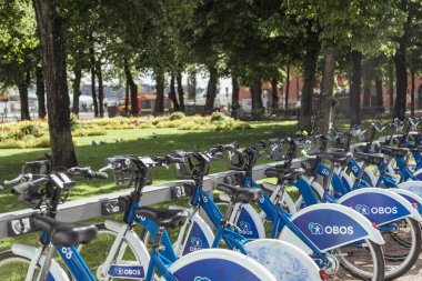 A row of blue bicycles is neatly parked in a public area of Oslo, Norway. The vibrant green grass and trees provide a refreshing backdrop, inviting outdoor recreation and cycling. clipart