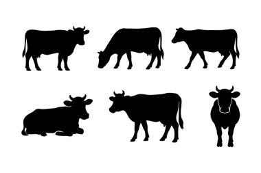 İnek Siluetleri (İnek Siluetleri) (124; Hayvancılık ve Çiftlik Hayvanları Simgeleri) Minimal Vektör Biçiminde Ayarlandı