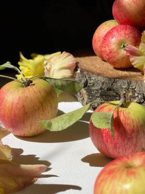 Güneşli bir günde beyaz bir masada yapraklı kırmızı elmalar. Işık ve gölge. Dikey fotoğraf. Yüksek kalite fotoğraf
