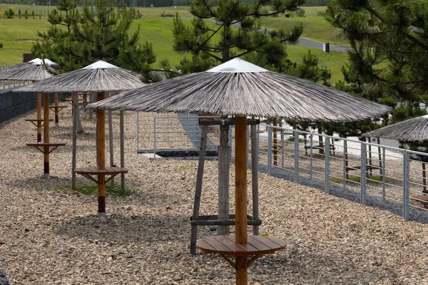 Saman şemsiyeleri ve ahşap masaları olan sakin bir açık alan. Zemin yeşil ağaçlar ve açık arazilerle çevrili çakıl taşlarıyla kaplı..