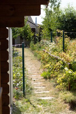 Yeşillik ve çiçeklerle kaplı dar bir patika bahçenin içinden geçiyor. Ahşap yapılar arka planda berrak mavi bir gökyüzünün altında görünür..