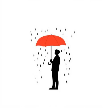 Yağmurda elinde kırmızı bir şemsiye tutan bir adamın silüeti.