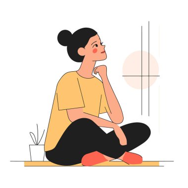  Çapraz bacaklı, derin düşünen basit bir kadın vektörü.