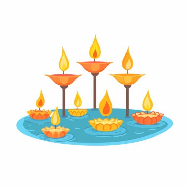  Suda yüzen Hint lambalarının büyüleyici gösterisi. düz vektör