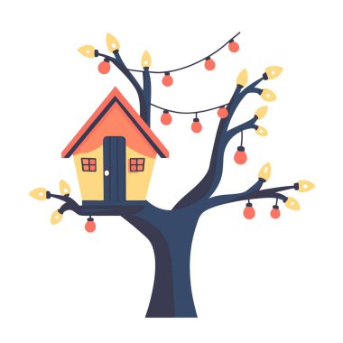  Düz vektör dalları arasında ışık dizili minimum düz ağaç ev