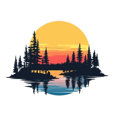  A colorful sunset over a lake with silhouetted trees. minimal vector clipart