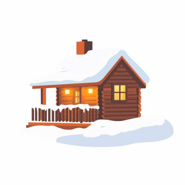  Karla kaplı sundurması ve ılık ışığı olan rahat bir kış kulübesinin minimalist vektörü..
