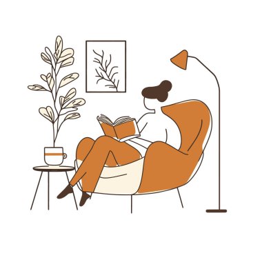  Minimalist siyah beyaz çizgisel vektör. Bir kitapla rahat bir koltukta oturan kişinin.